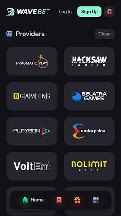 WaveBet Casino game developers mobile page