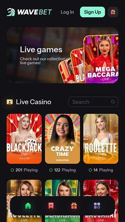 WaveBet Casino live dealer mobile page