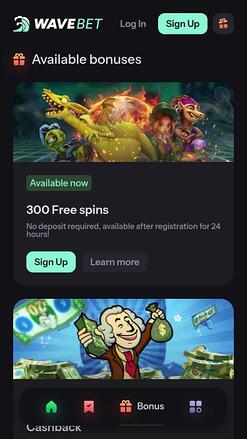 WaveBet Casino promotions mobile page