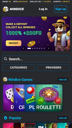WinDice Casino Mobile Homepage