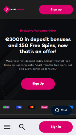 WinsMania Casino Mobile Homepage