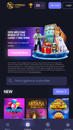 Wombat Casino Mobile Homepage