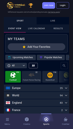 Wombat Casino Mobile Sports Betting