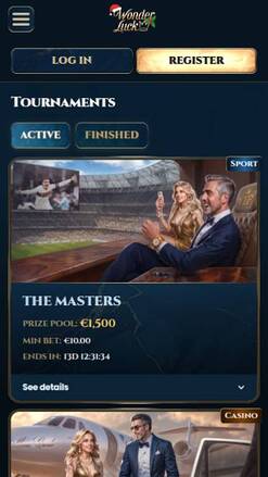 Tournaments mobile page screenshot of WonderLuck Casino