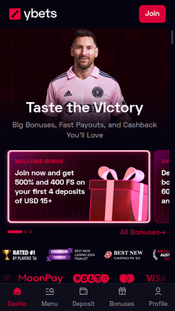 Ybets Casino Mobile Homepage