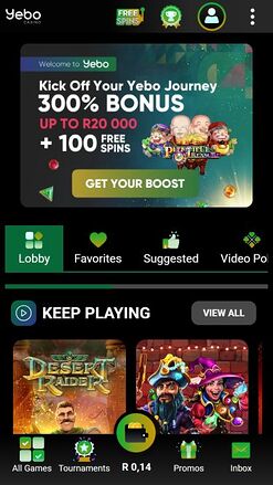 Yebo Casino Mobile Homepage