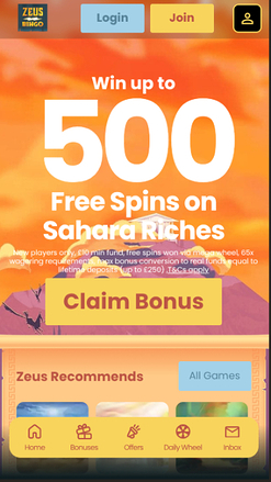 Zeus Bingo Casino Mobile Homepage