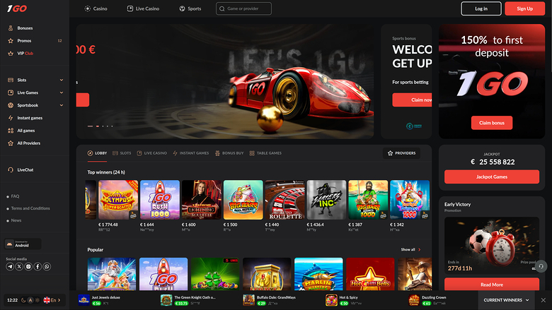 1GO Casino Desktop Homepage