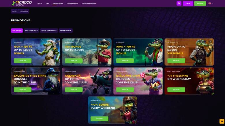 Promotions page screenshot of 11Croco Casino