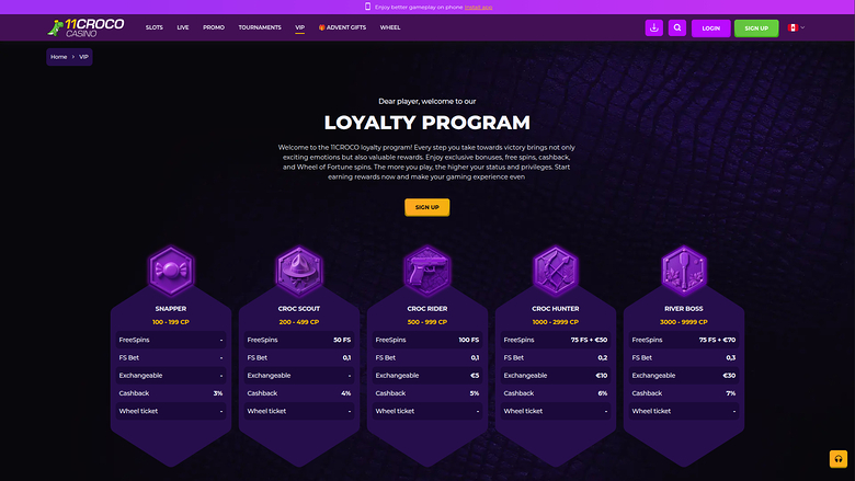 VIP page screenshot of 11Croco Casino