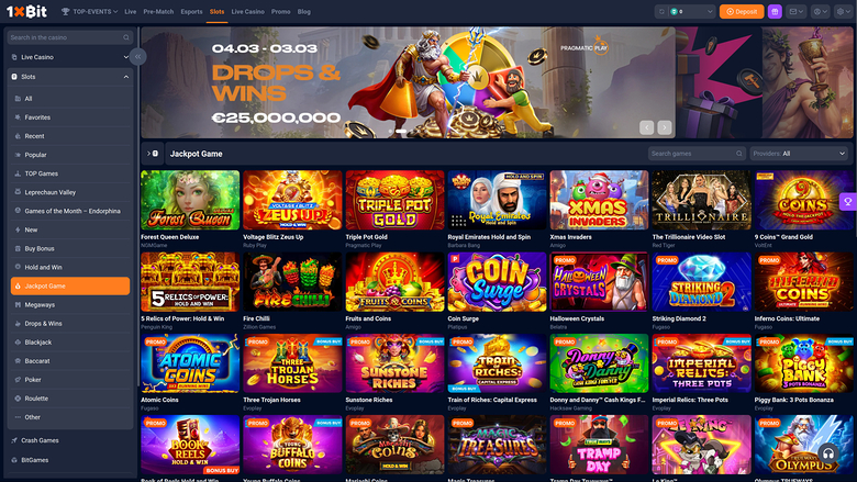 1xBit Casino Desktop Jackpot