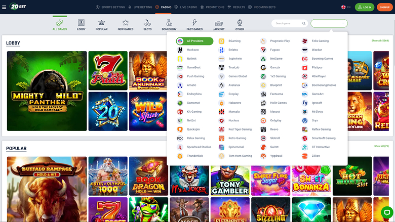 20Bet Casino Desktop Game Developers