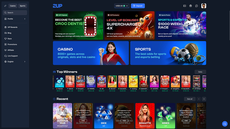 2up Casino Desktop Homepage