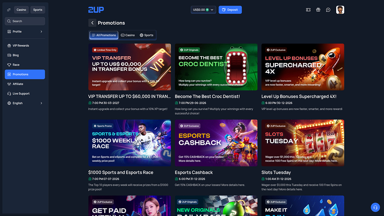 2up Casino Desktop Promotions
