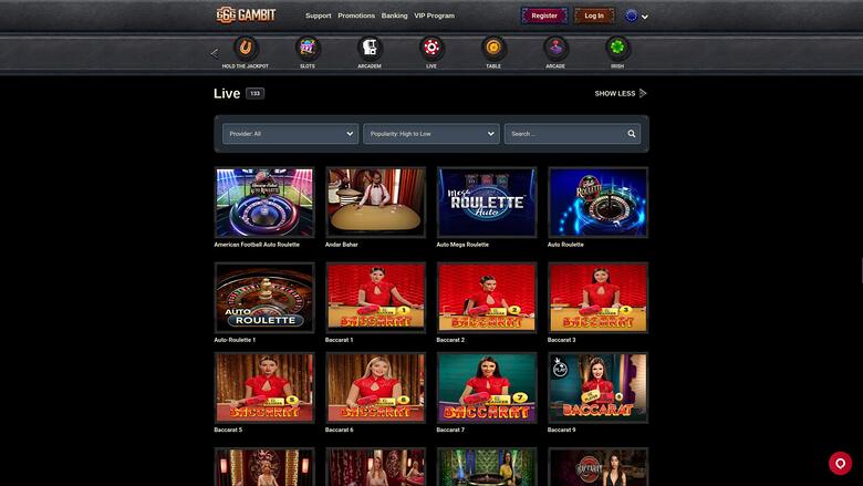 666 Gambit Casino live dealer page 