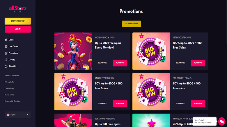Promotions screenshot of Allstarz Casino for Desktop