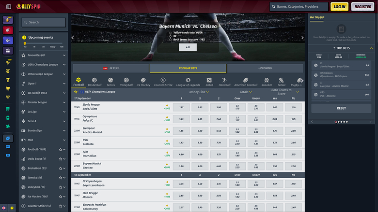 AllySpin Casino Desktop Sports