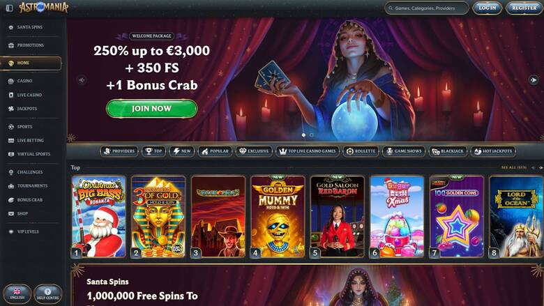 Homepage screenshot of AstroMania Casino