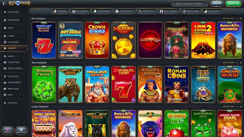 Jackpot page screenshot of AstroMania Casino