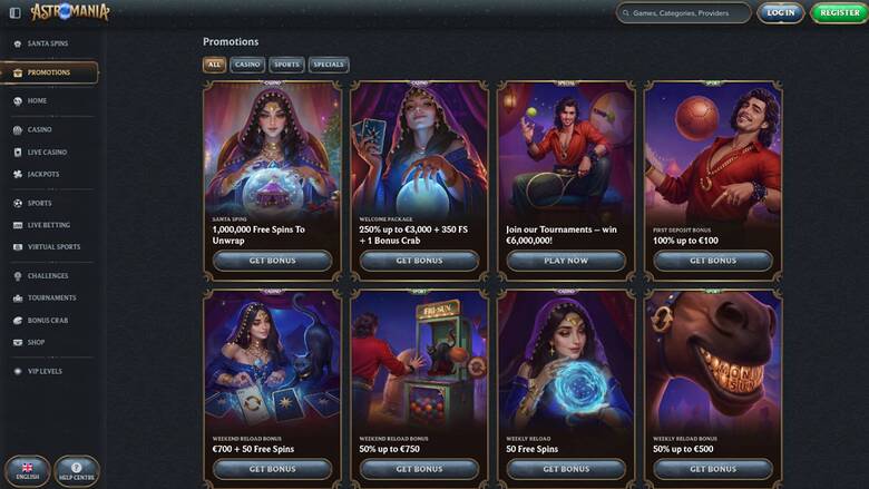 Promotions page screenshot of AstroMania Casino