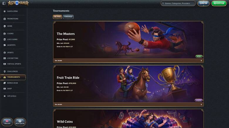 Tournaments page screenshot of AstroMania Casino