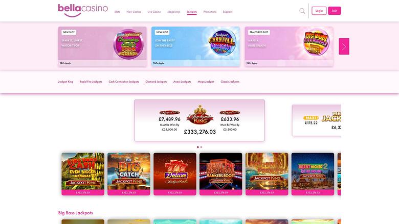 Bella Casino jackpot page