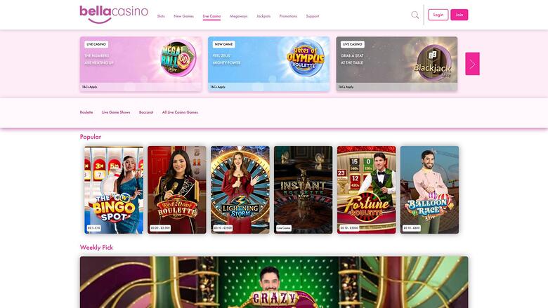 Bella Casino live dealer page