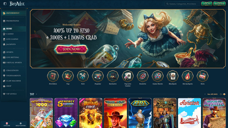 BetAlice Casino Desktop Homepage