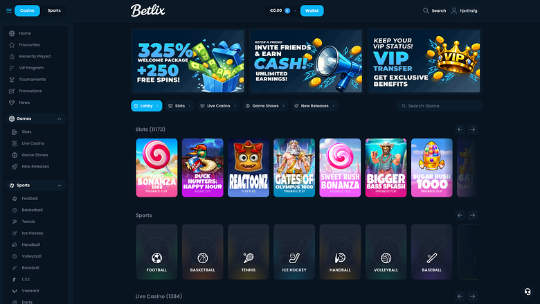 Betlix Casino Desktop Homepage
