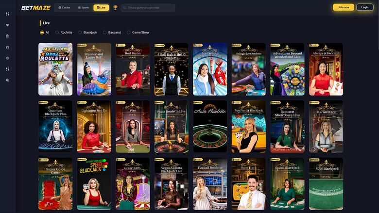 Betmaze Casino live dealer page
