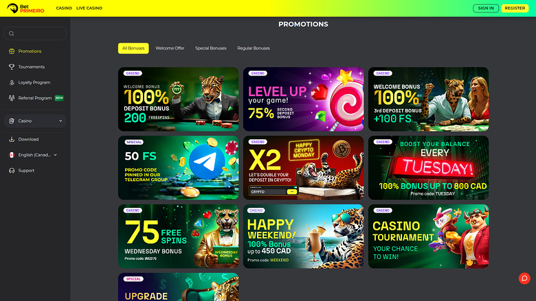 BetPRIMEIRO Casino Desktop Promotions