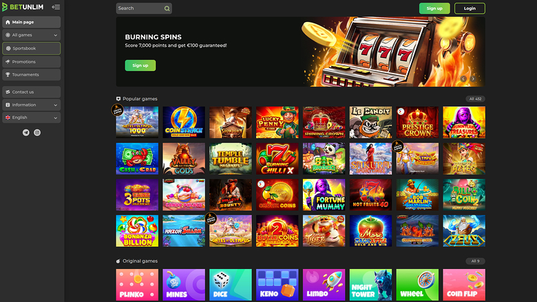 Betunlim Casino Desktop Homepage
