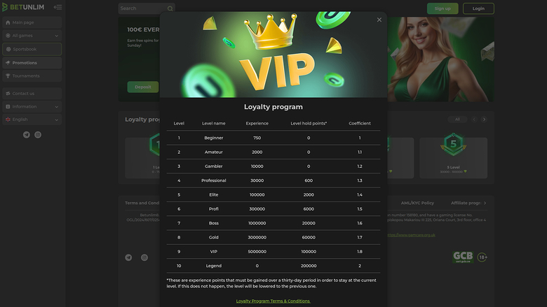 Betunlim Casino Desktop VIP Program