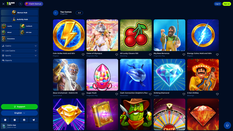 BillionaireSpin Casino Desktop Games