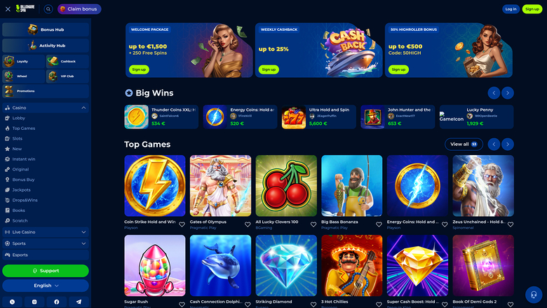 BillionaireSpin Casino Desktop Homepage