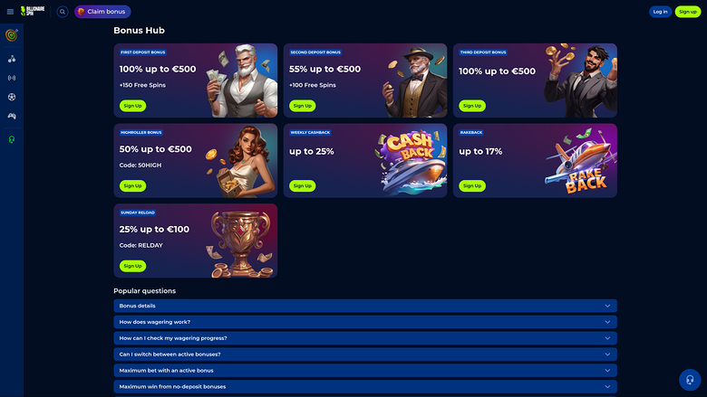 BillionaireSpin Casino Desktop Promotions