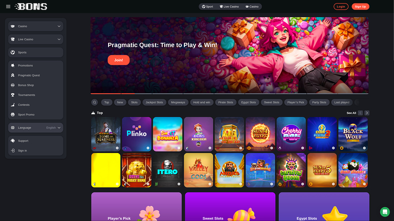 Bons Casino Desktop Homepage