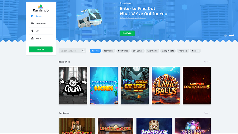 Casilando Casino Homepage Desktop