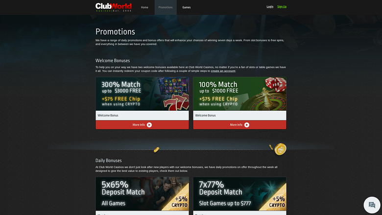 Club World Casino Desktop Promotions