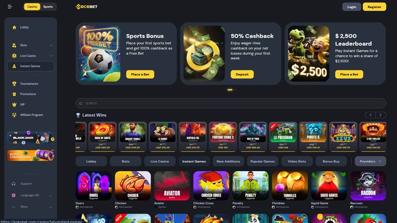 Games page screenshot of Cocobet Casino
