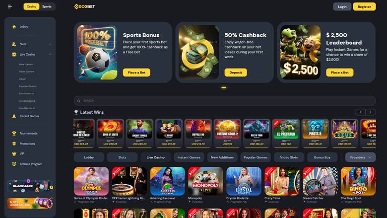 Live page screenshot of Cocobet Casino