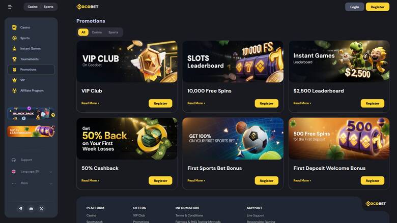 Promotions page screenshot of Cocobet Casino