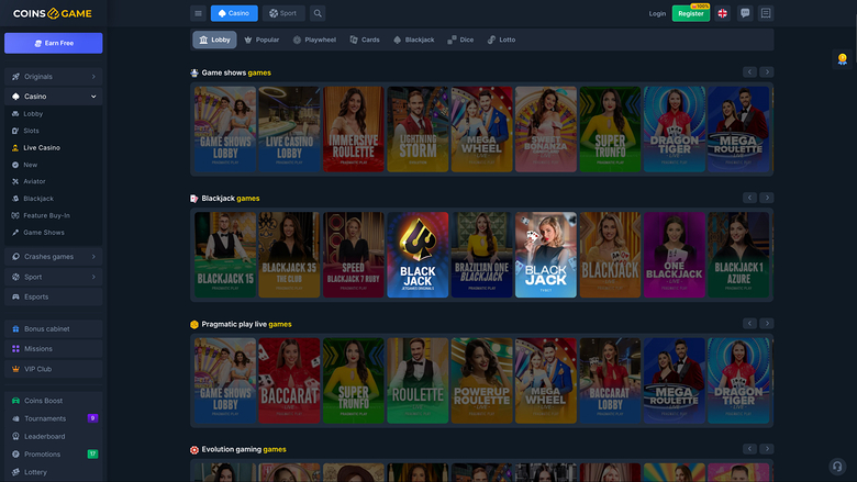 Coins Game Casino Live Dealer Desktop