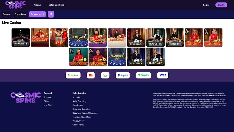 Cosmic Spins Casino Desktop Live Dealer