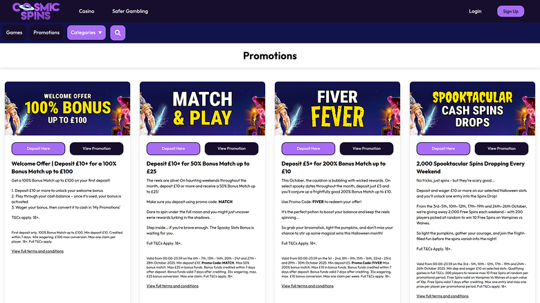 Cosmic Spins Casino Desktop Promotions