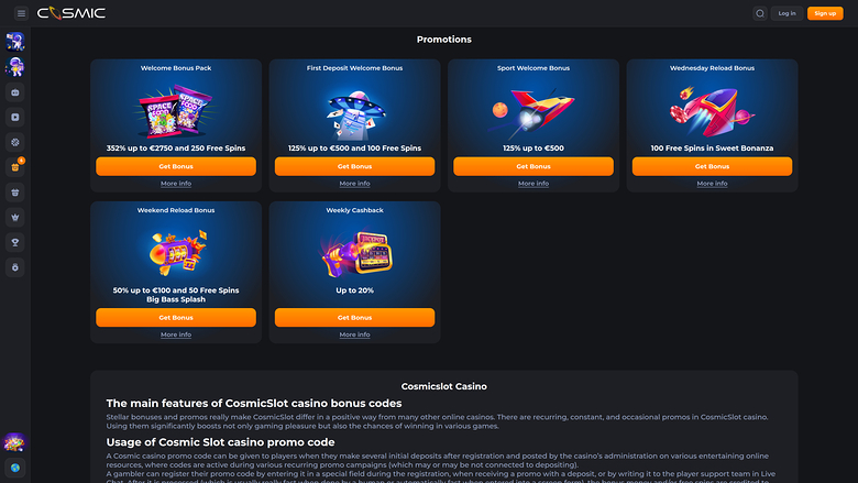 Cosmicslot Casino Promotions Desktop