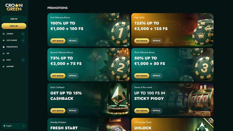 CrownGreen Casino Desktop Promotions