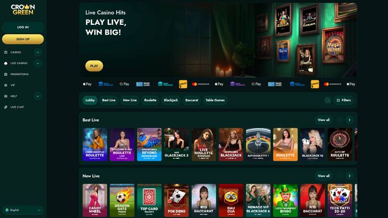 Live page screenshot of CrownGreen Casino
