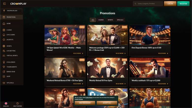 Promotions page screenshot of Crownplay Casino
