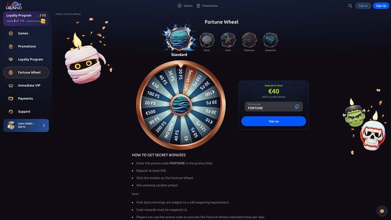 Crusino Casino Fortune Wheel Desktop